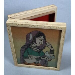 Indian Persian Woman w/ Dove Wood Trinket Box Crushed Gemstones Painting